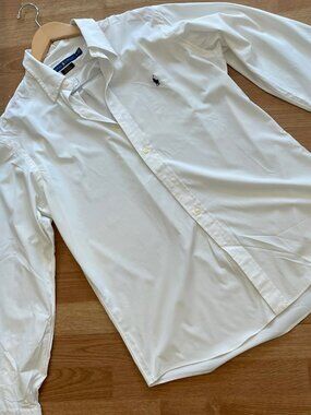 Ralph Lauren Men's white L/S custom fit performance button down shirt size L